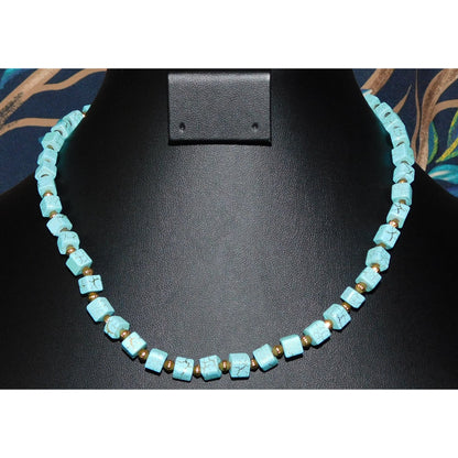 Elegant Faux Turquoise Cube And Gold Tone Beaded Necklace