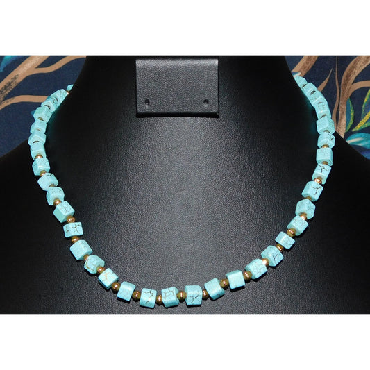Elegant Faux Turquoise Cube And Gold Tone Beaded Necklace