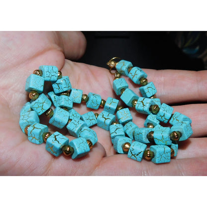 Elegant Faux Turquoise Cube And Gold Tone Beaded Necklace