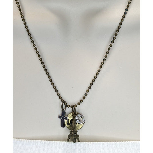 Boho Paris Love Charm Necklace Eiffel Tower Cross Crystal Ball Chain