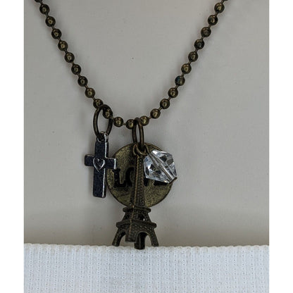 Boho Paris Love Charm Necklace Eiffel Tower Cross Crystal Ball Chain