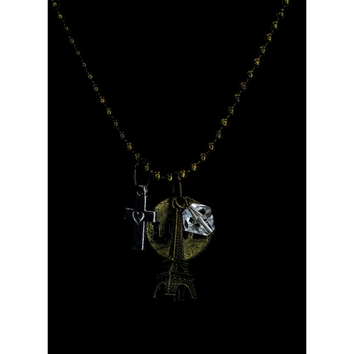 Boho Paris Love Charm Necklace Eiffel Tower Cross Crystal Ball Chain