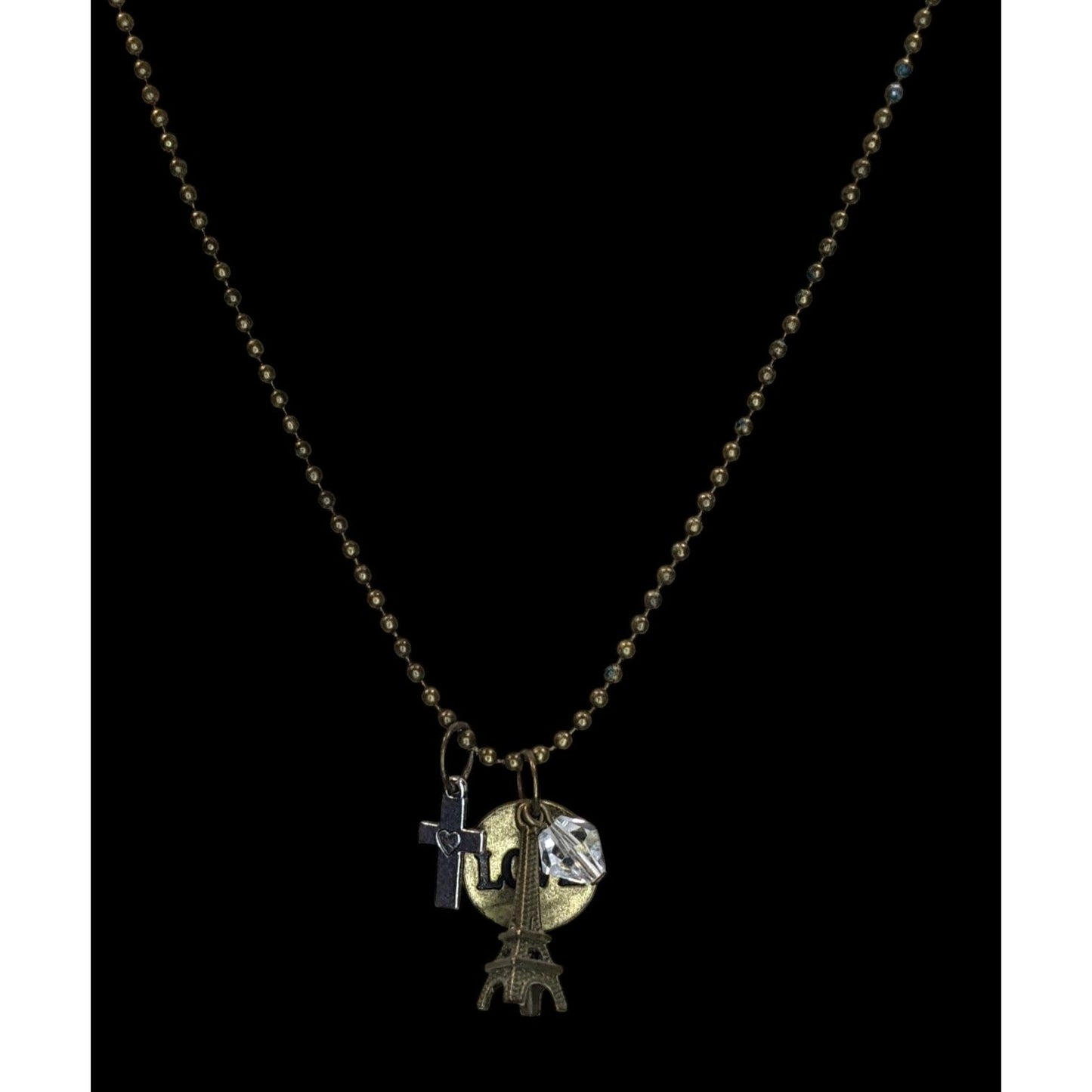 Boho Paris Love Charm Necklace Eiffel Tower Cross Crystal Ball Chain