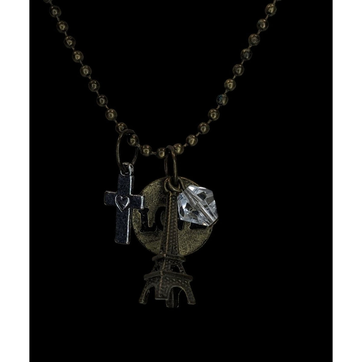 Boho Paris Love Charm Necklace Eiffel Tower Cross Crystal Ball Chain