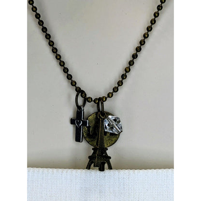 Boho Paris Love Charm Necklace Eiffel Tower Cross Crystal Ball Chain