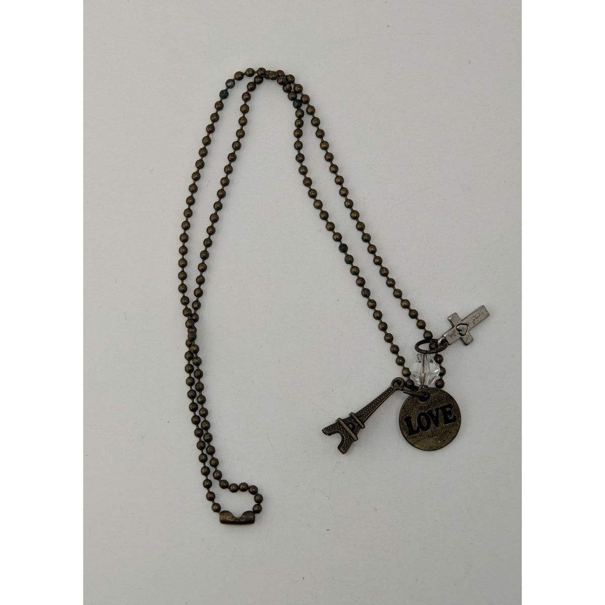 Boho Paris Love Charm Necklace Eiffel Tower Cross Crystal Ball Chain