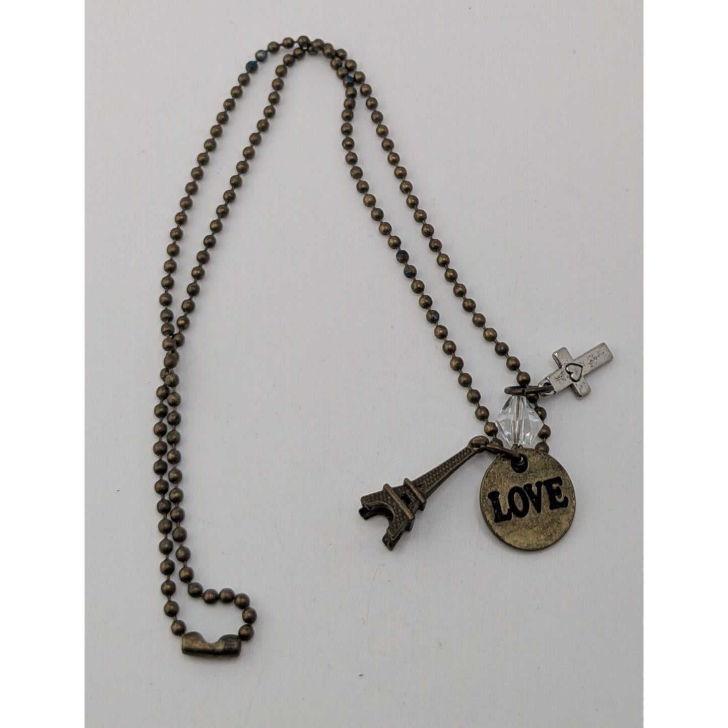 Boho Paris Love Charm Necklace Eiffel Tower Cross Crystal Ball Chain