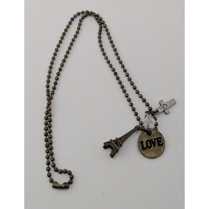 Boho Paris Love Charm Necklace Eiffel Tower Cross Crystal Ball Chain