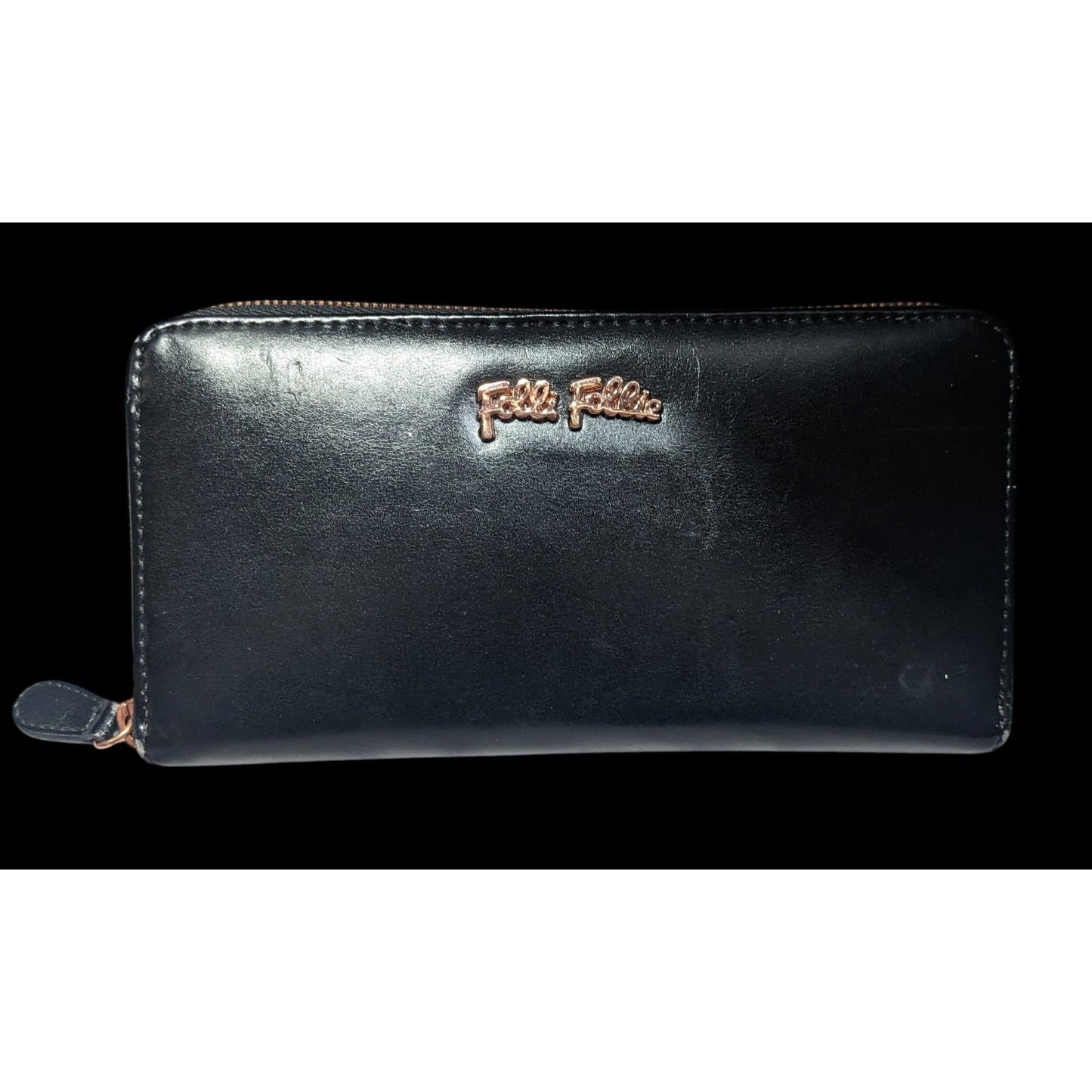 Folli Follie Black Leather Zip Wallet With Rose Gold Tone Accents