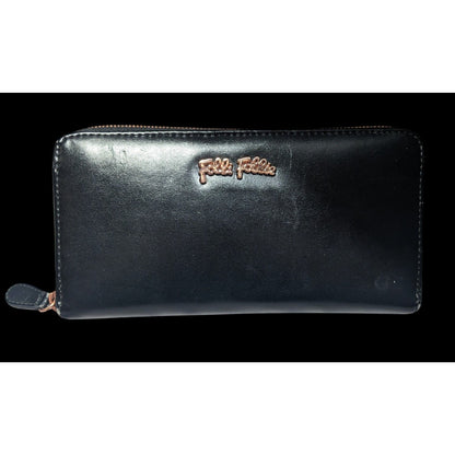 Folli Follie Black Leather Zip Wallet With Rose Gold Tone Accents