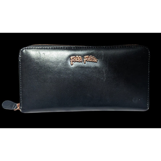 Folli Follie Black Leather Zip Wallet With Rose Gold Tone Accents