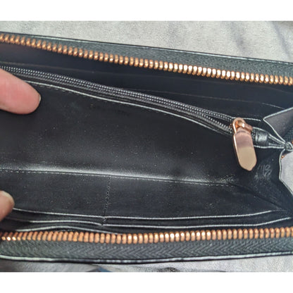Folli Follie Black Leather Zip Wallet With Rose Gold Tone Accents