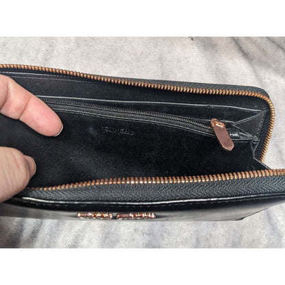 Folli Follie Black Leather Zip Wallet With Rose Gold Tone Accents