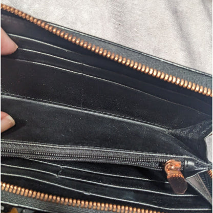 Folli Follie Black Leather Zip Wallet With Rose Gold Tone Accents