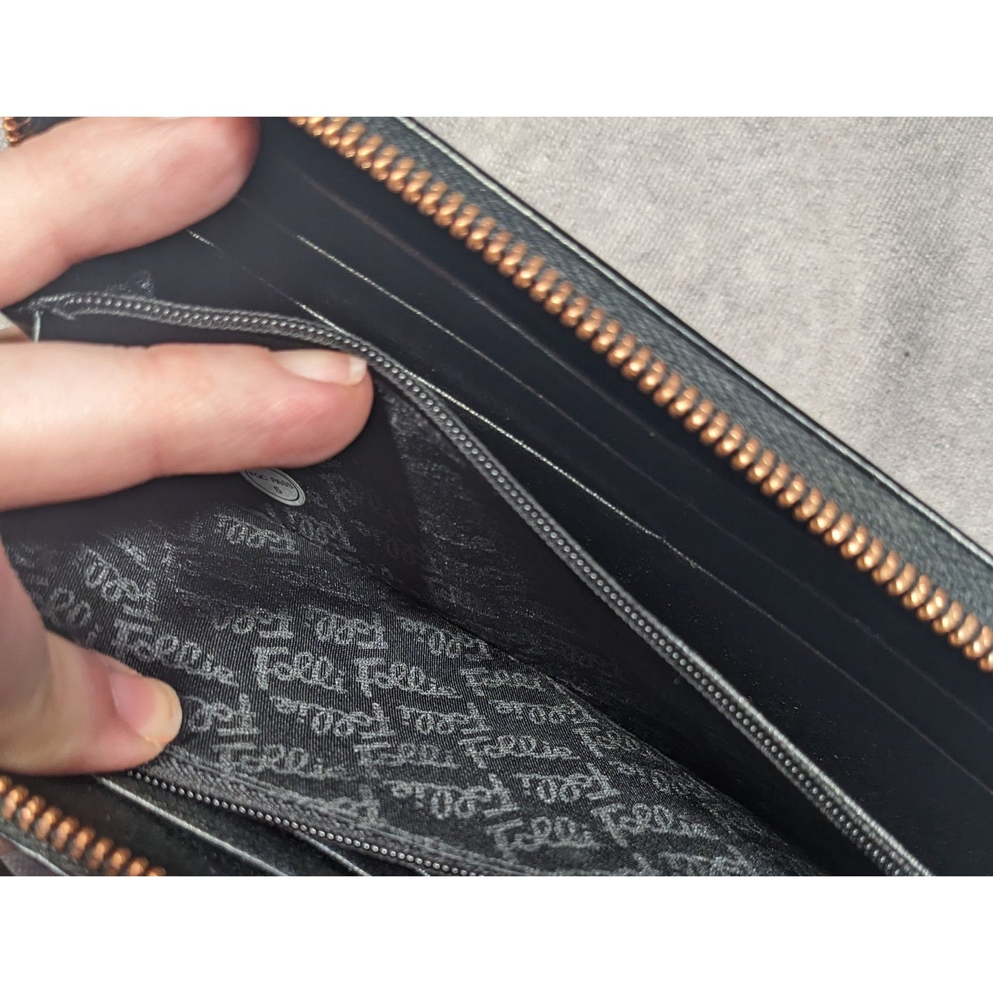 Folli Follie Black Leather Zip Wallet With Rose Gold Tone Accents