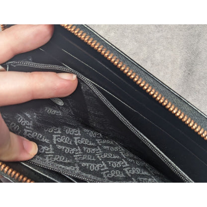 Folli Follie Black Leather Zip Wallet With Rose Gold Tone Accents
