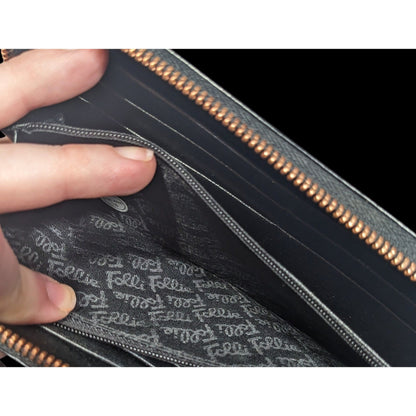 Folli Follie Black Leather Zip Wallet With Rose Gold Tone Accents