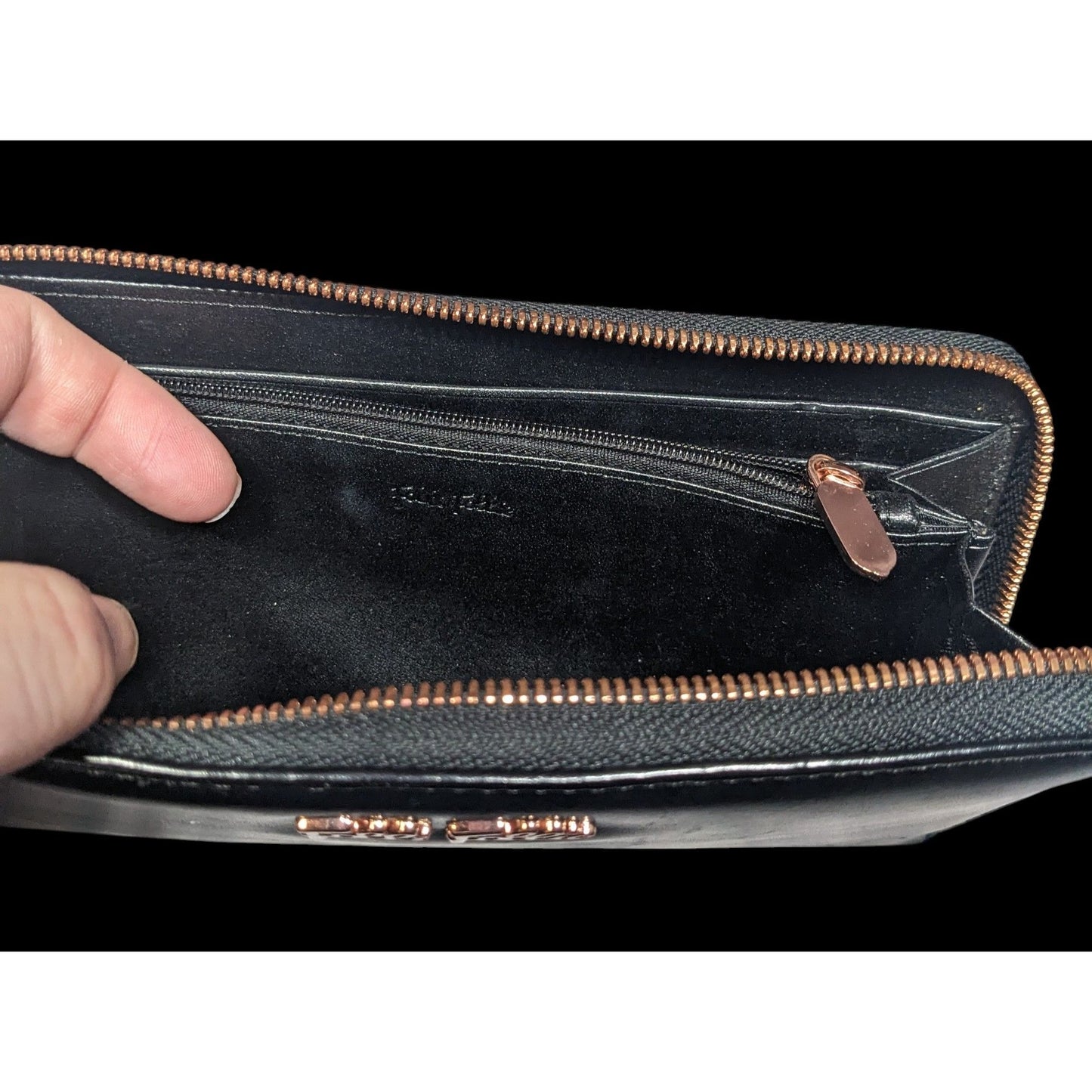 Folli Follie Black Leather Zip Wallet With Rose Gold Tone Accents