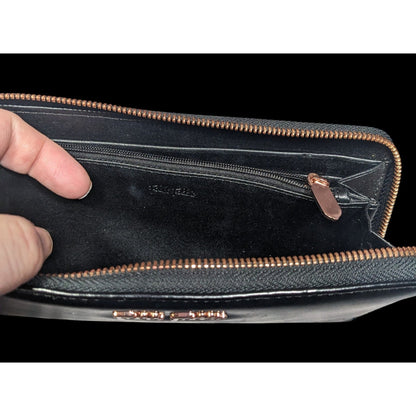 Folli Follie Black Leather Zip Wallet With Rose Gold Tone Accents