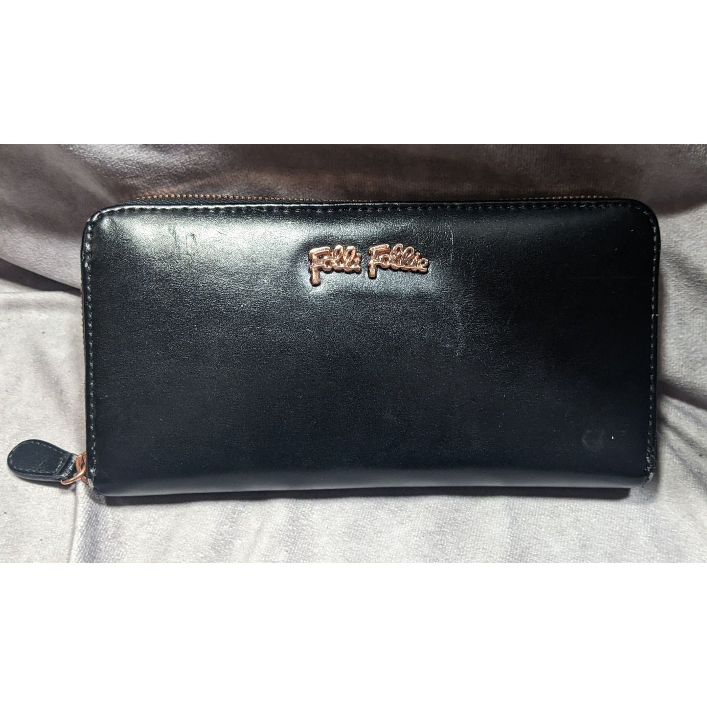 Folli Follie Black Leather Zip Wallet With Rose Gold Tone Accents