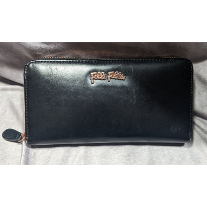 Folli Follie Black Leather Zip Wallet With Rose Gold Tone Accents