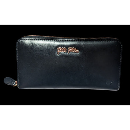 Folli Follie Black Leather Zip Wallet With Rose Gold Tone Accents