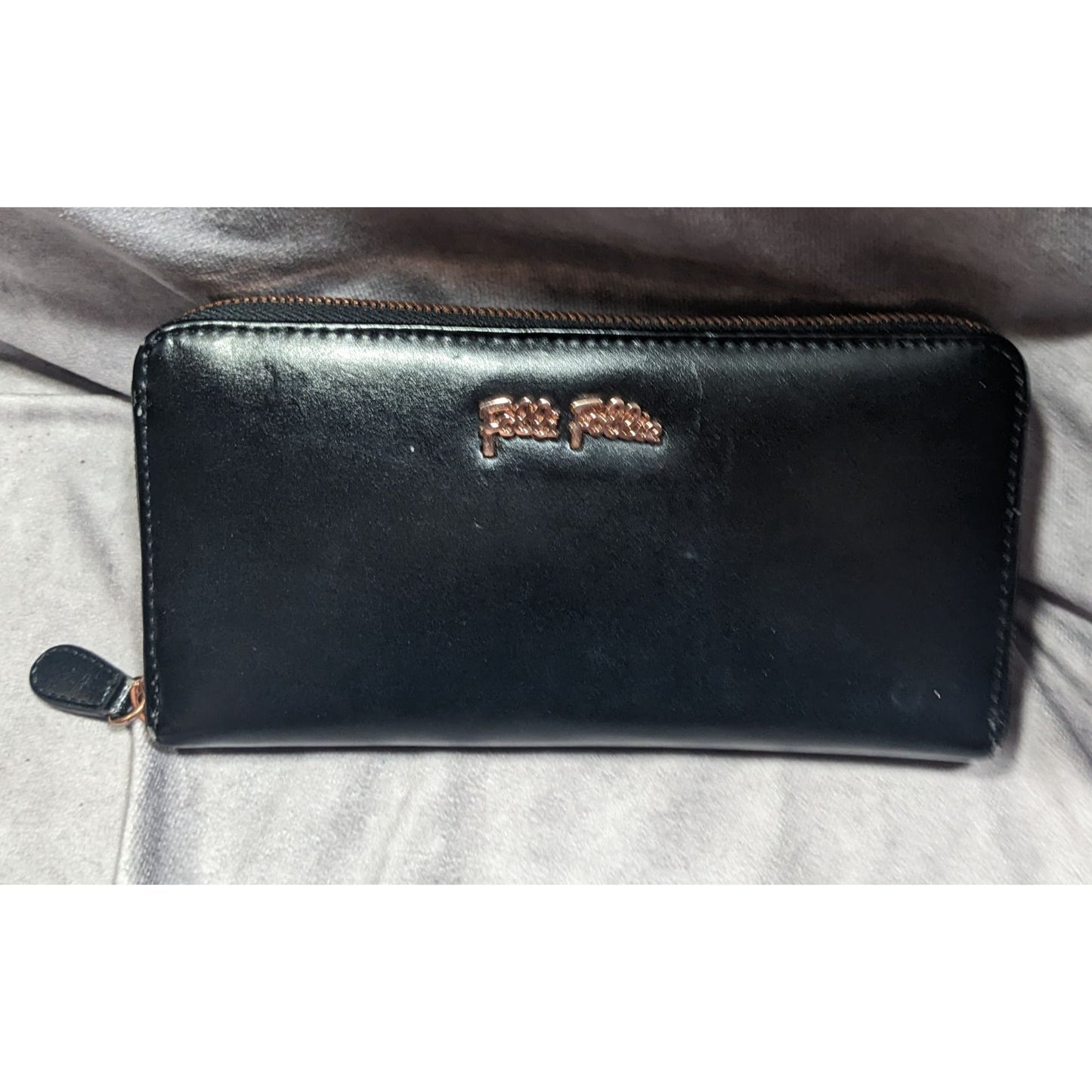 Folli Follie Black Leather Zip Wallet With Rose Gold Tone Accents
