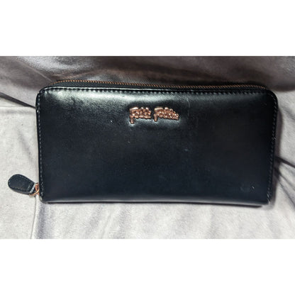 Folli Follie Black Leather Zip Wallet With Rose Gold Tone Accents