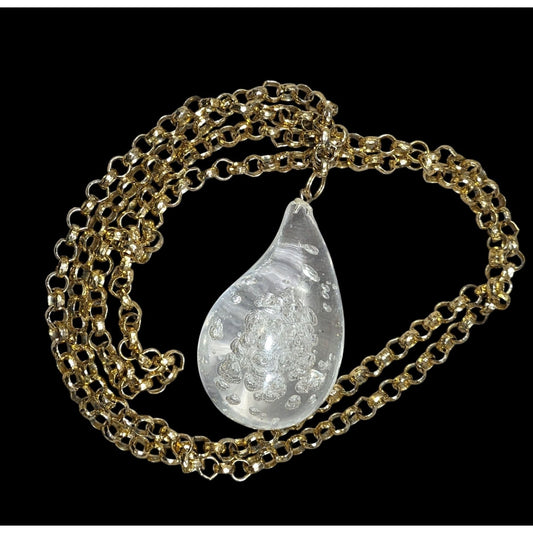 Vintage Clear Lucite Bubble Teardrop Pendant On Gold Tone Rolo Chain