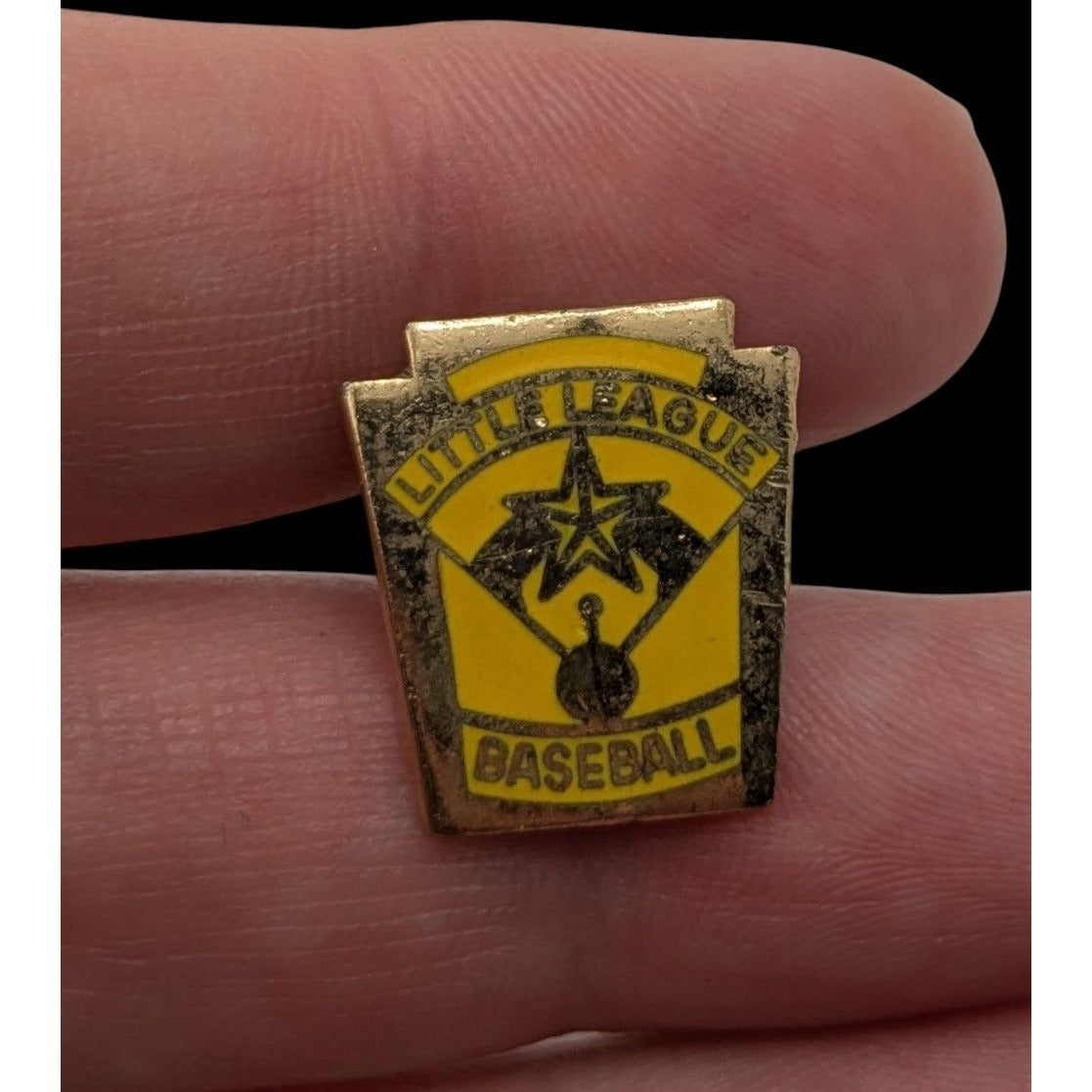 Vintage Little League Baseball Lapel Pin Yellow & Gold Enamel Shield Shaped