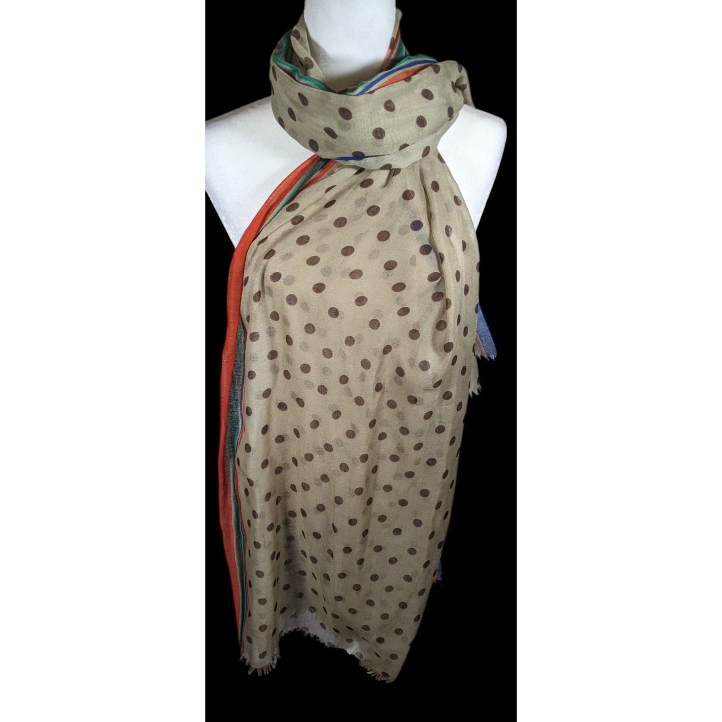 Vintage 70s Taupe Scarf With Brown Polka Dots And Rainbow Stripes