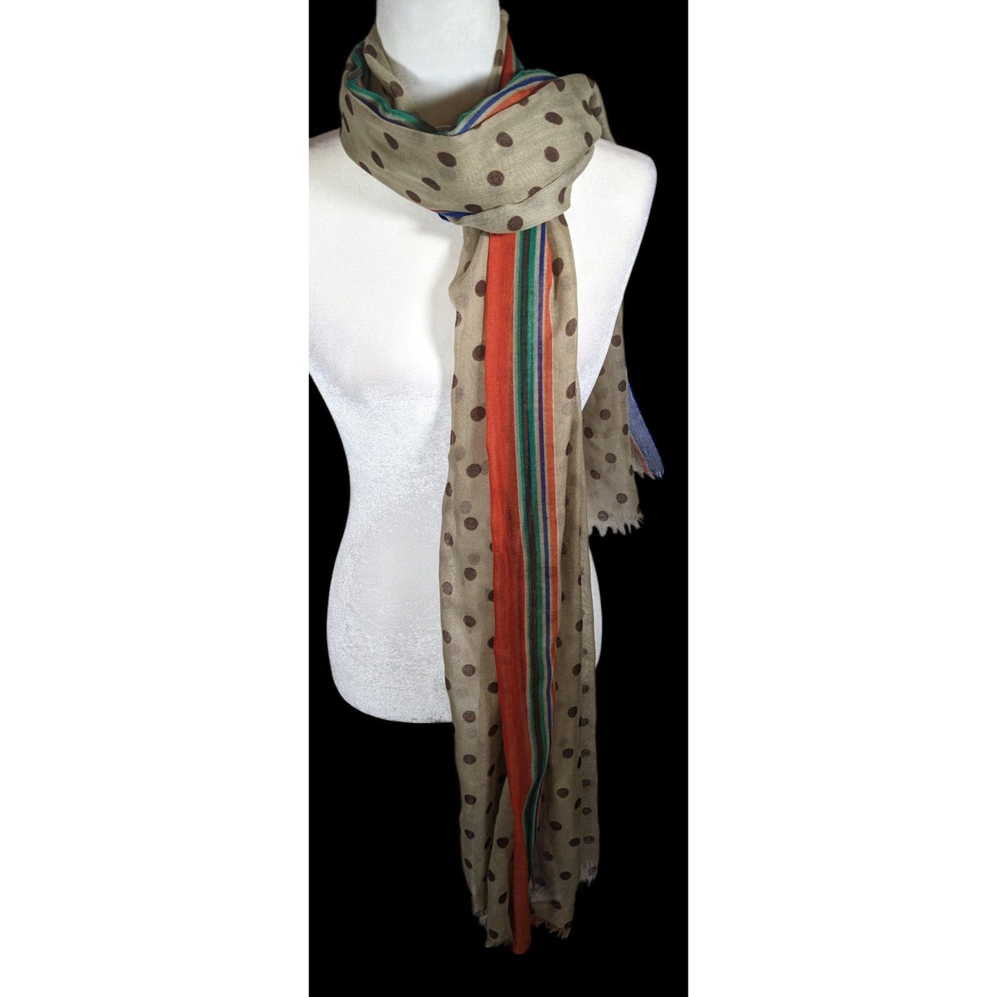 Vintage 70s Taupe Scarf With Brown Polka Dots And Rainbow Stripes