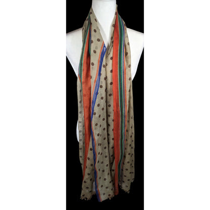 Vintage 70s Taupe Scarf With Brown Polka Dots And Rainbow Stripes