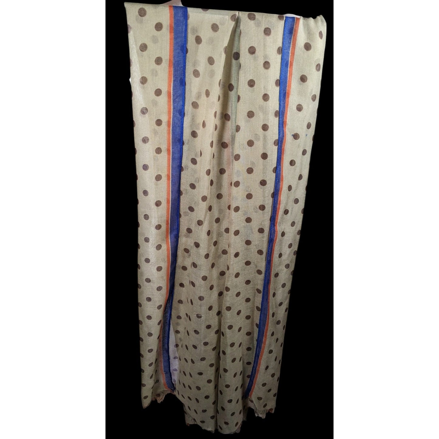 Vintage 70s Taupe Scarf With Brown Polka Dots And Rainbow Stripes