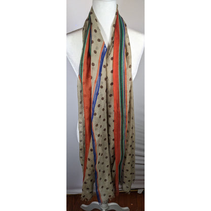 Vintage 70s Taupe Scarf With Brown Polka Dots And Rainbow Stripes
