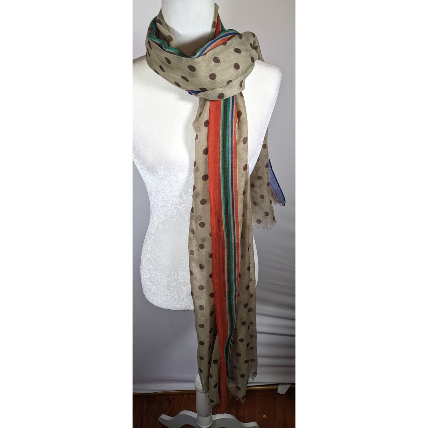 Vintage 70s Taupe Scarf With Brown Polka Dots And Rainbow Stripes