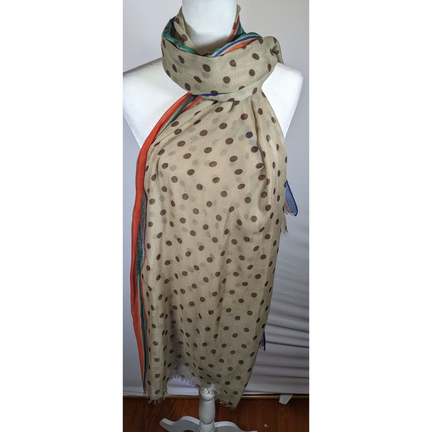 Vintage 70s Taupe Scarf With Brown Polka Dots And Rainbow Stripes