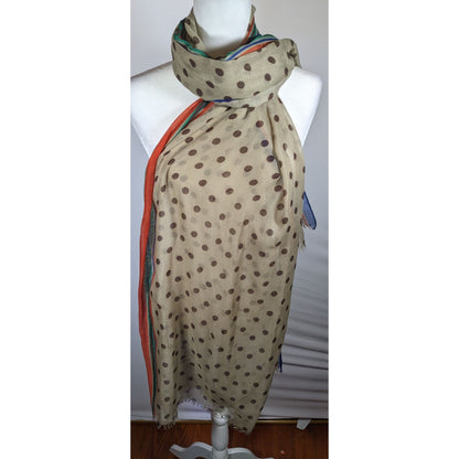 Vintage 70s Taupe Scarf With Brown Polka Dots And Rainbow Stripes