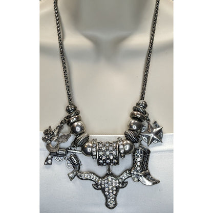 Western Glam Rhinestone Charm Necklace With Bull Boot Gun & Star Pendants