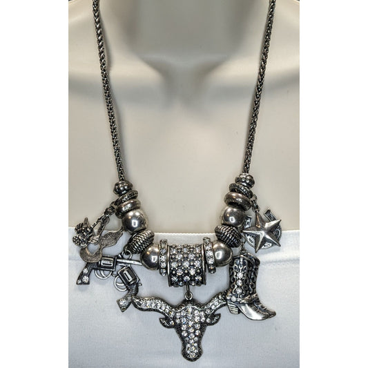 Western Glam Rhinestone Charm Necklace With Bull Boot Gun & Star Pendants