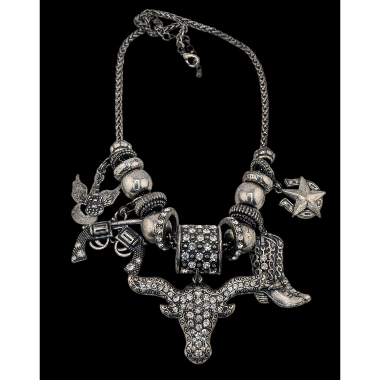 Western Glam Rhinestone Charm Necklace With Bull Boot Gun & Star Pendants