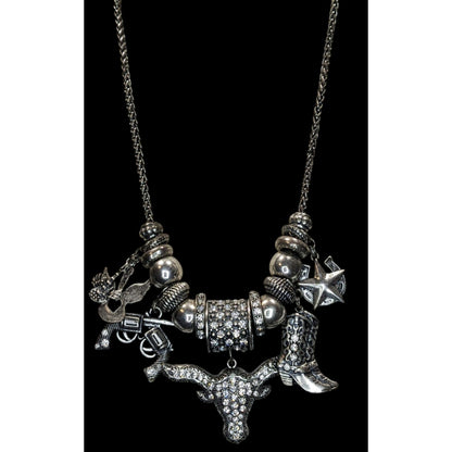 Western Glam Rhinestone Charm Necklace With Bull Boot Gun & Star Pendants
