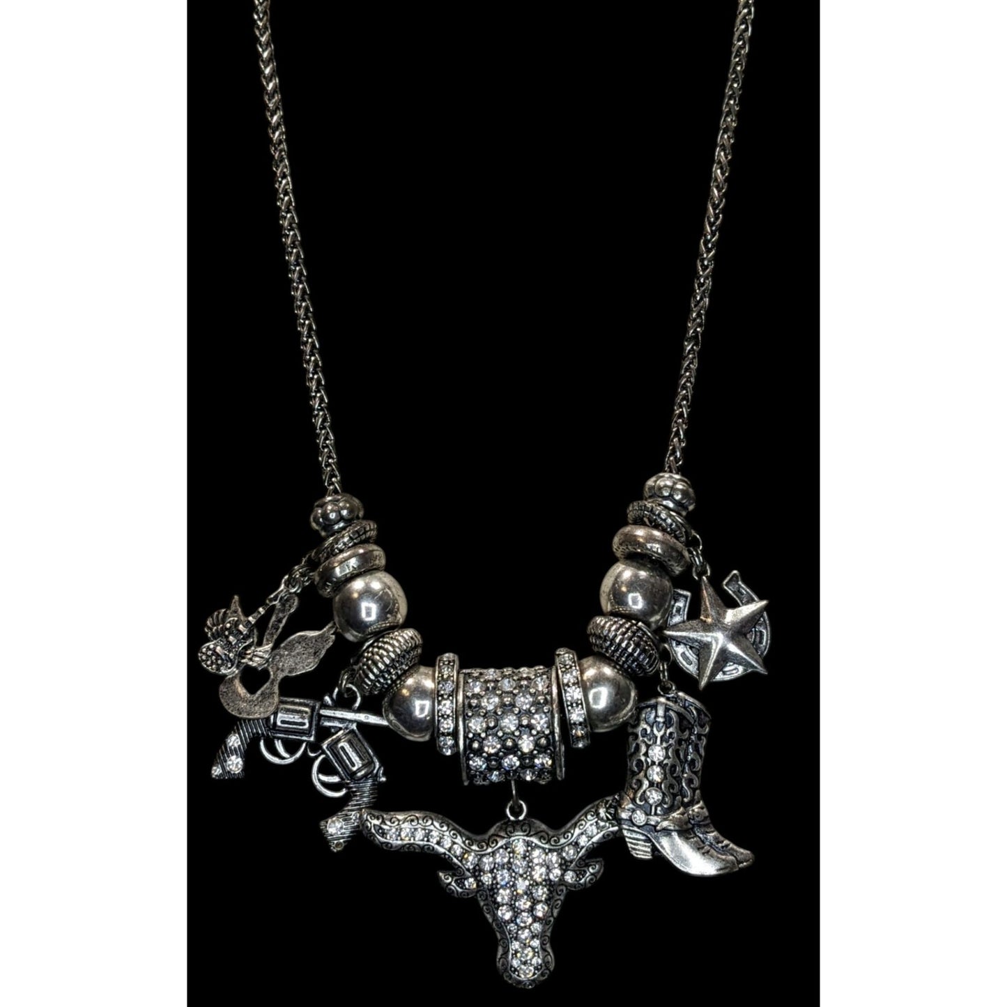 Western Glam Rhinestone Charm Necklace With Bull Boot Gun & Star Pendants