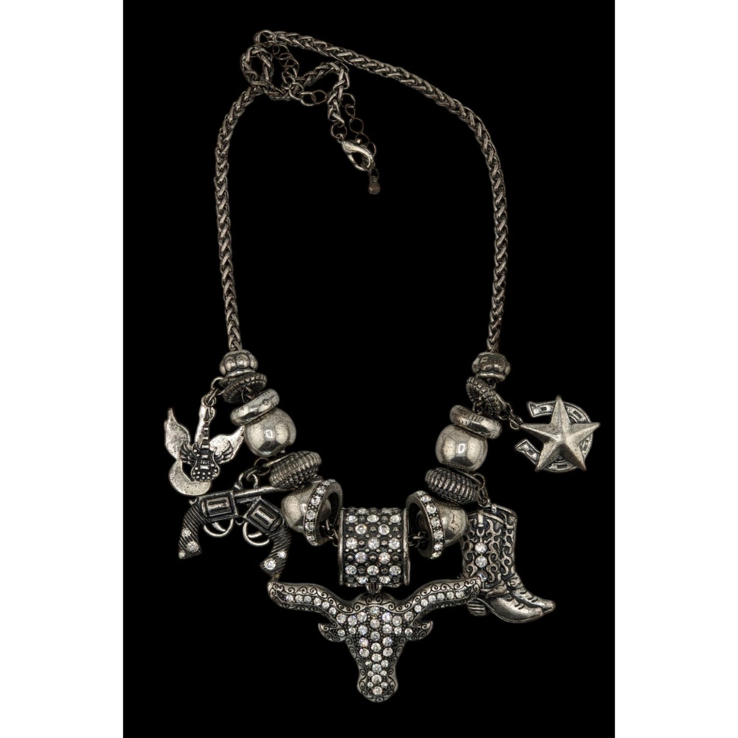 Western Glam Rhinestone Charm Necklace With Bull Boot Gun & Star Pendants
