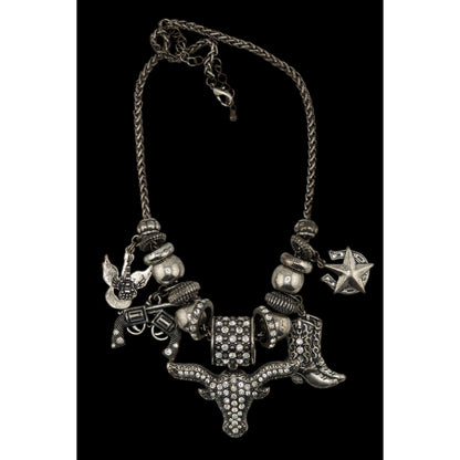 Western Glam Rhinestone Charm Necklace With Bull Boot Gun & Star Pendants