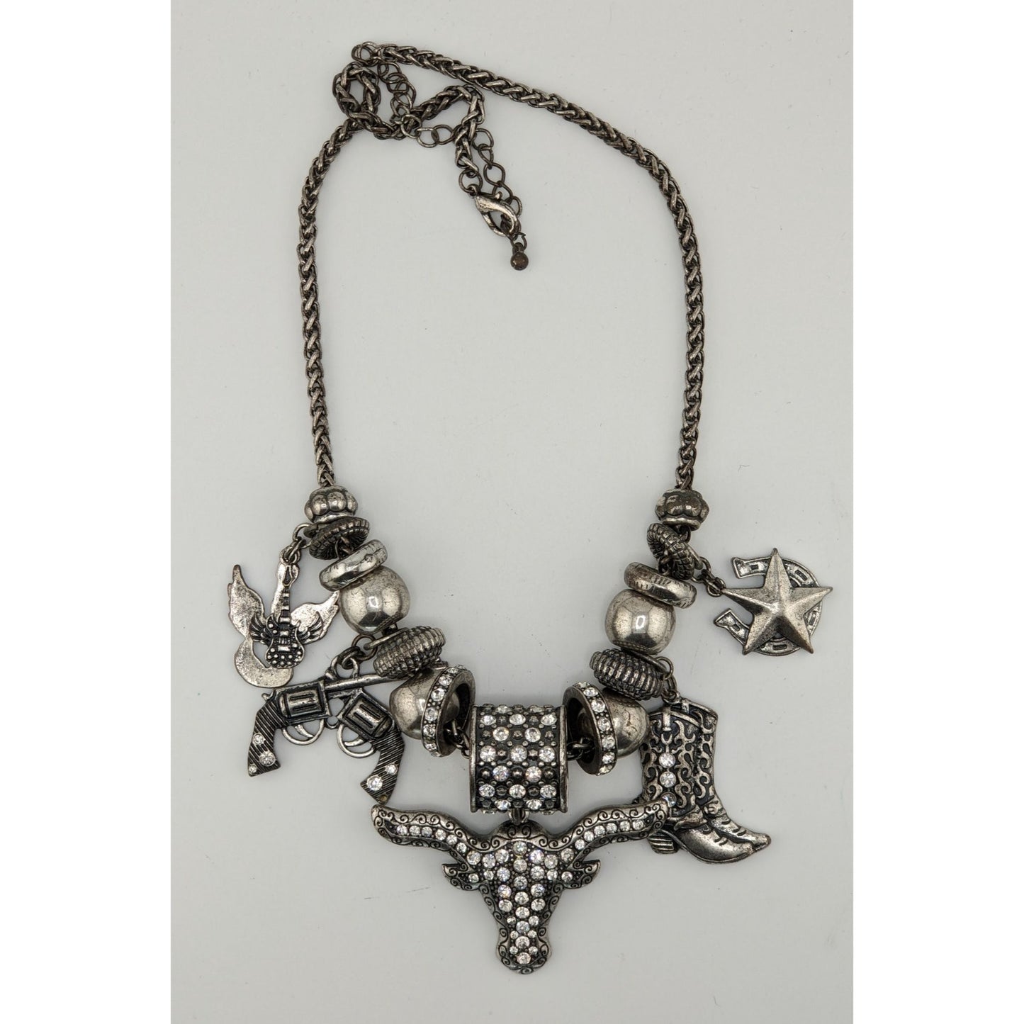 Western Glam Rhinestone Charm Necklace With Bull Boot Gun & Star Pendants