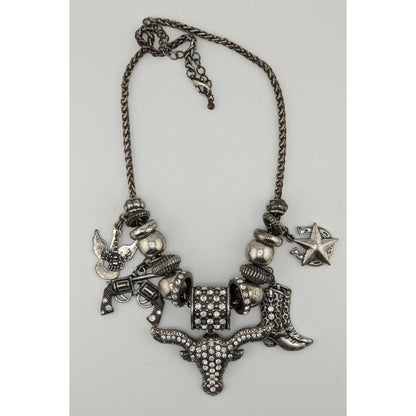 Western Glam Rhinestone Charm Necklace With Bull Boot Gun & Star Pendants