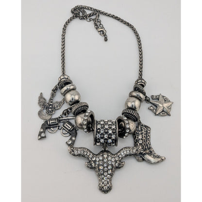Western Glam Rhinestone Charm Necklace With Bull Boot Gun & Star Pendants