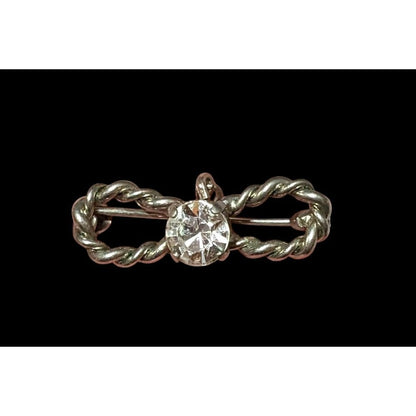 Vintage Silver Tone Twisted Texture Rhinestone Bow Brooch