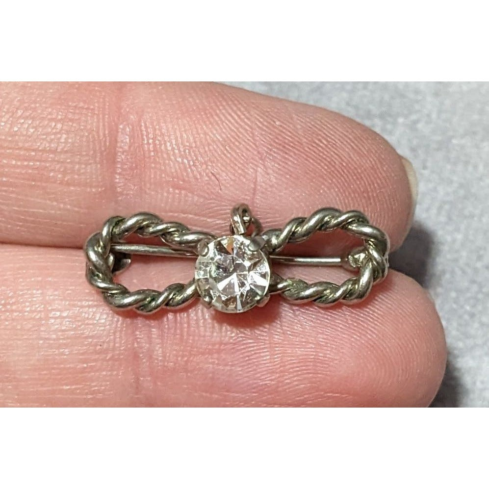 Vintage Silver Tone Twisted Texture Rhinestone Bow Brooch